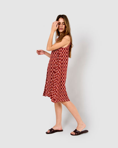 Vestido corto bambula detalles plisados cartagena burdeos