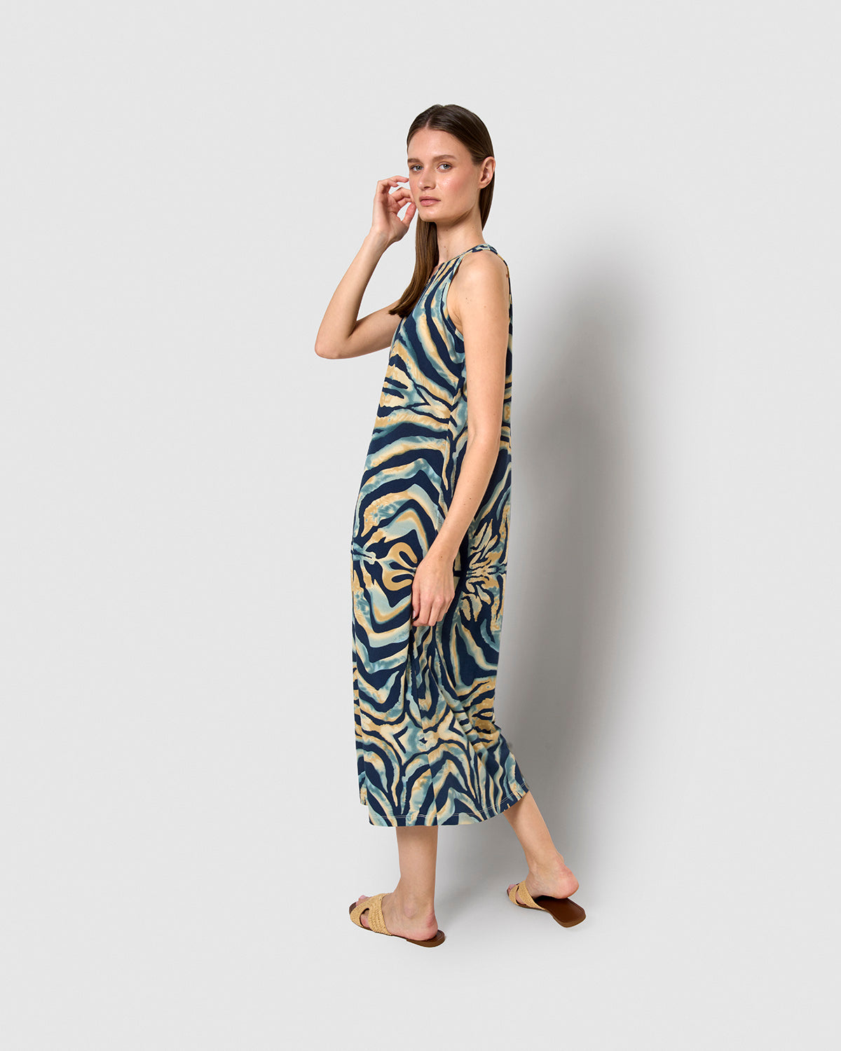 Vestido largo tirantes crepe prana azul marino
