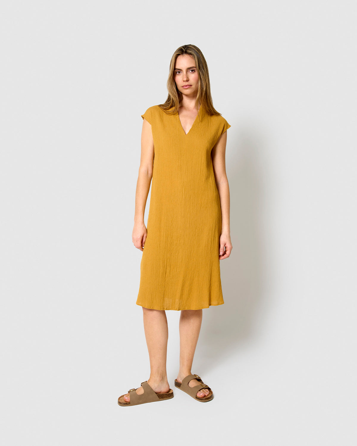 Vestido corto algodón lino ocre