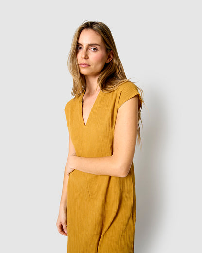 Vestido corto algodón lino ocre