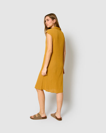 Vestido corto algodón lino ocre