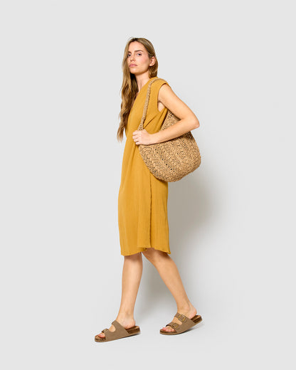 Vestido corto algodón lino ocre