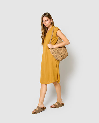 Vestido corto algodón lino ocre