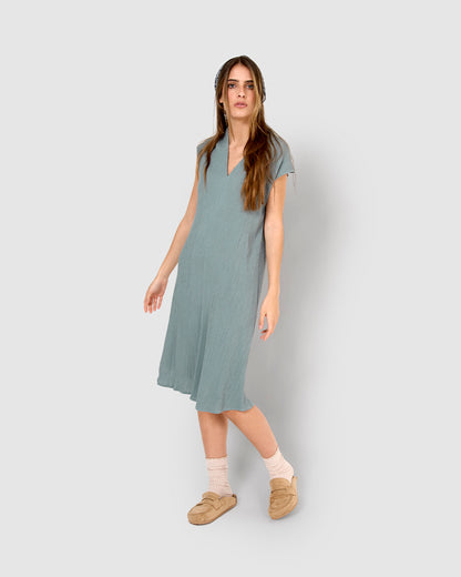 Vestido corto algodón lino verde azulado