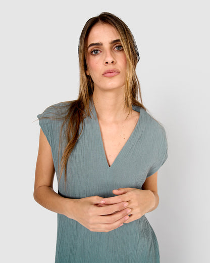 Vestido corto algodón lino verde azulado