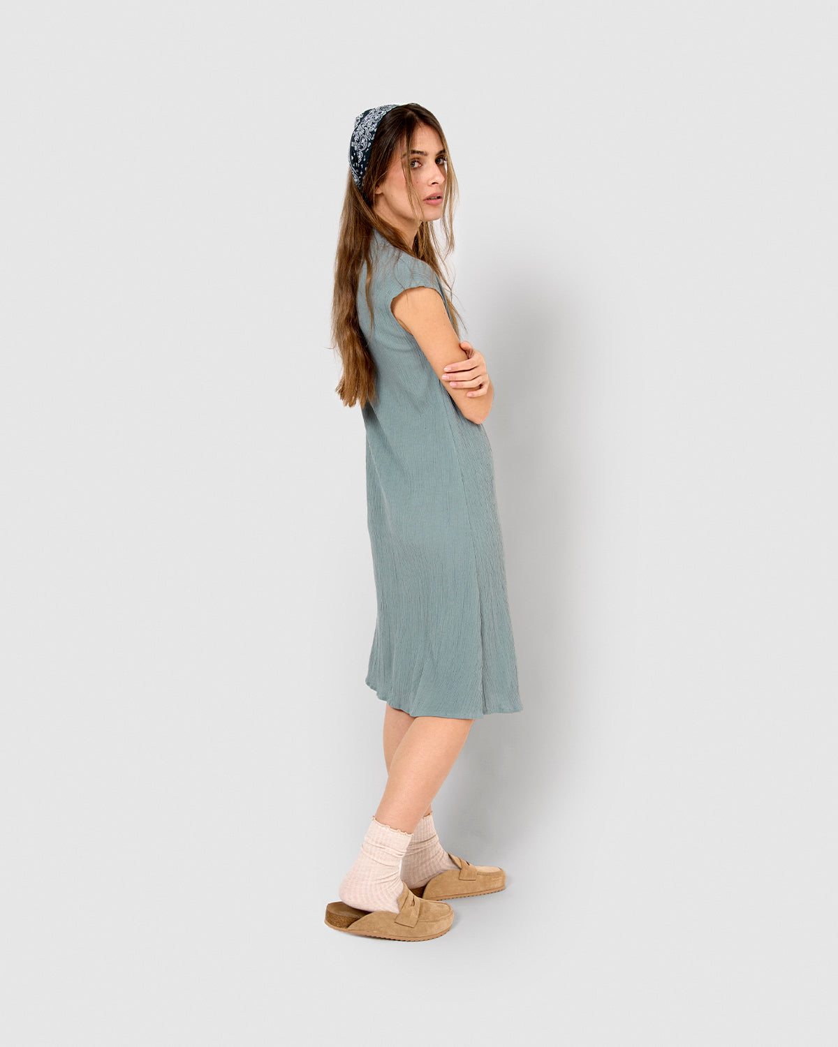 Vestido corto algodón lino verde azulado