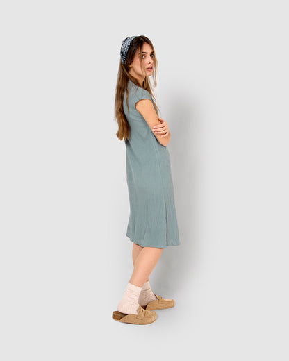 Vestido corto algodón lino verde azulado