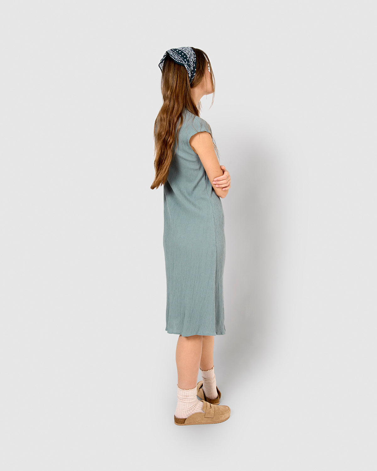 Vestido corto algodón lino verde azulado