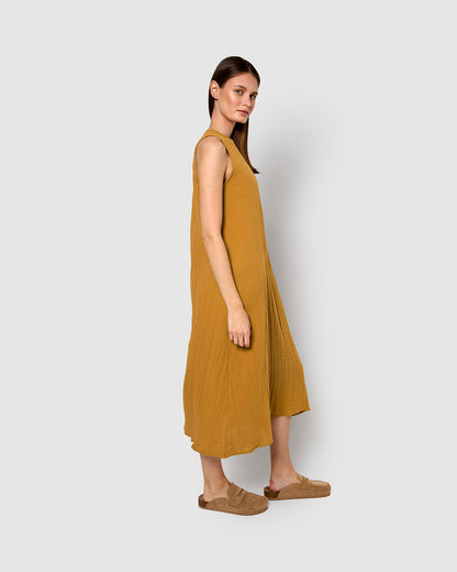 Vestido largo tirantes muselina ocre