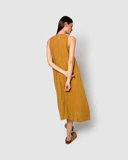Vestido largo tirantes muselina ocre