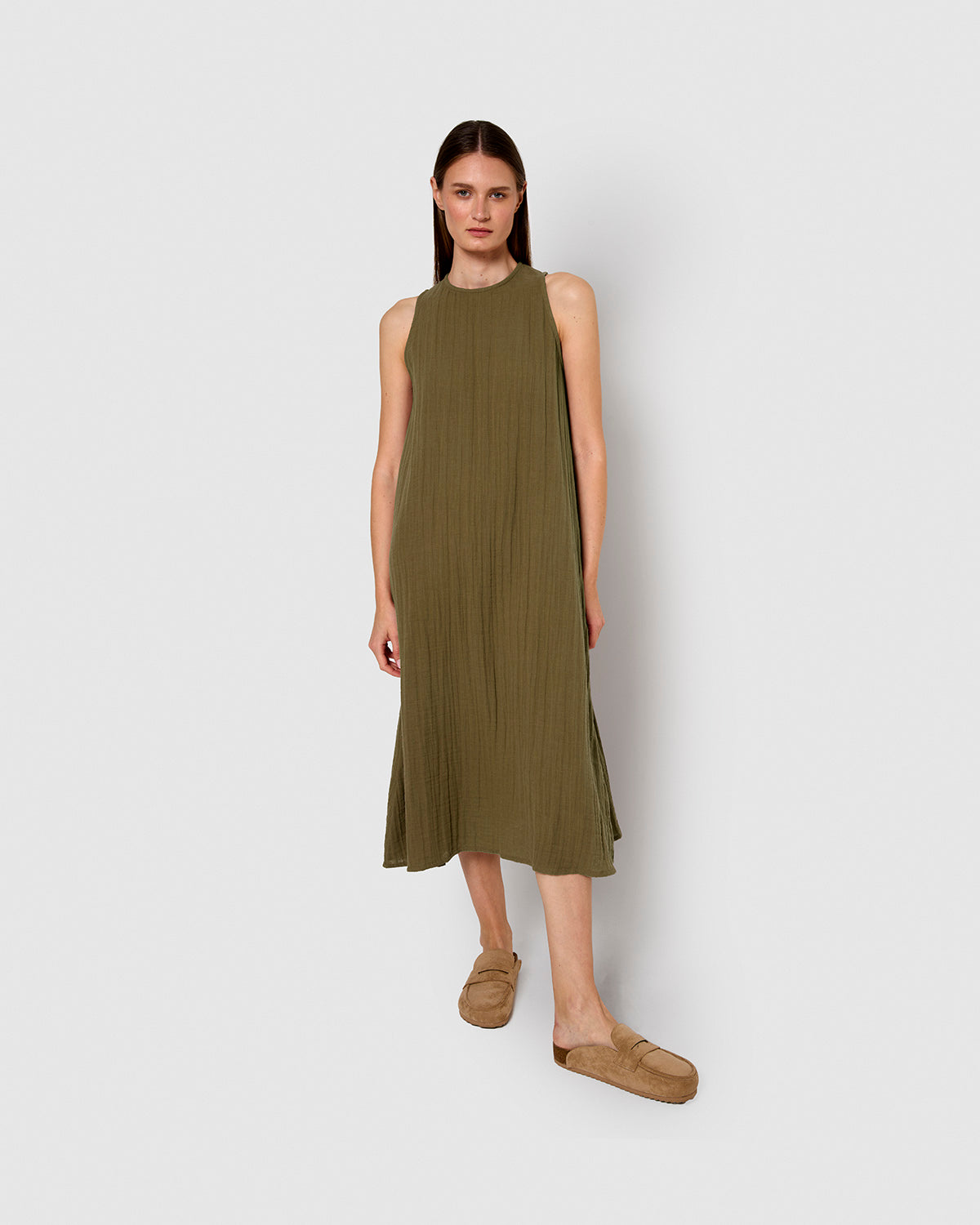 Vestido largo tirantes muselina verde cacería