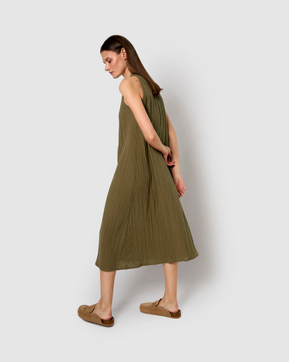 Vestido largo tirantes muselina verde cacería