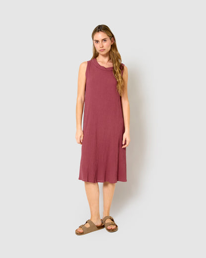 Vestido midi cuello drapeado algodón lino malva