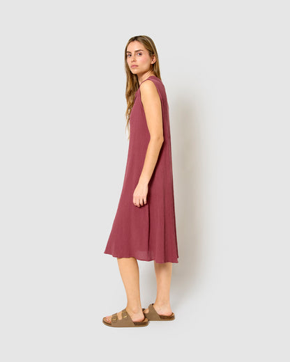 Vestido midi cuello drapeado algodón lino malva
