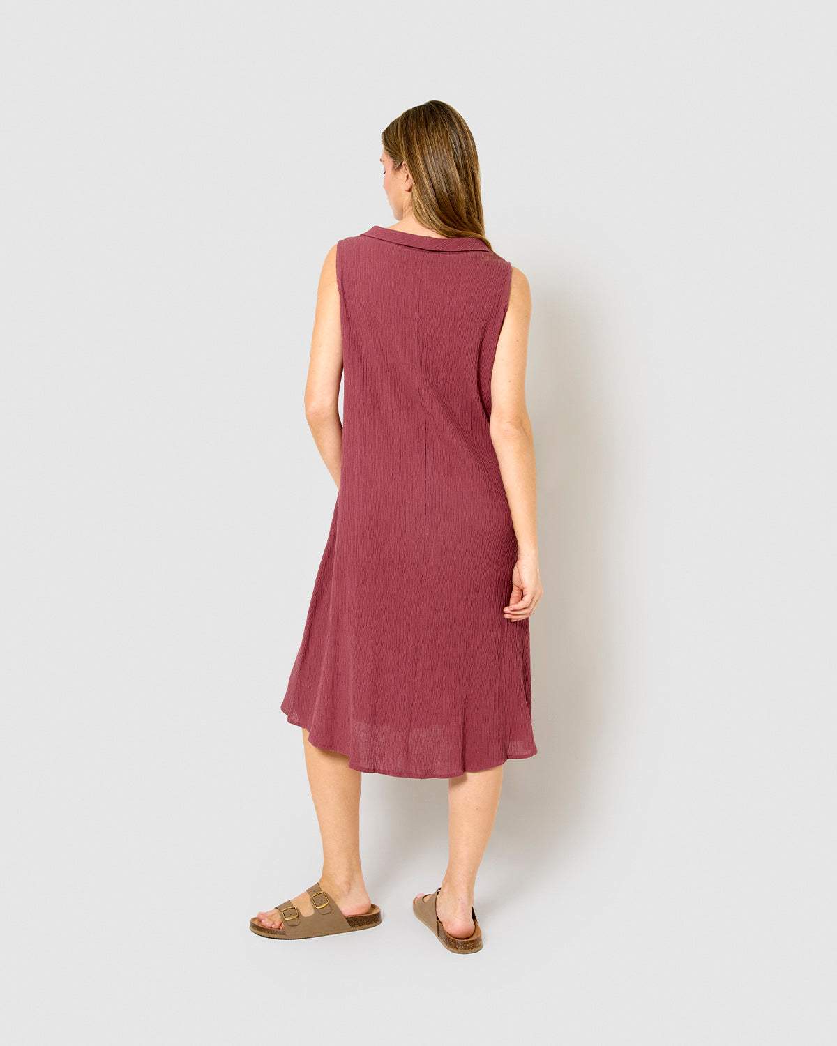 Vestido midi cuello drapeado algodón lino malva