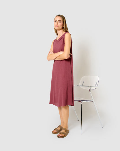 Vestido midi cuello drapeado algodón lino malva