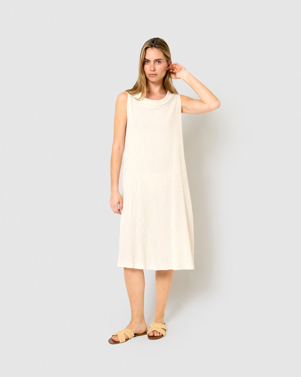 Vestido midi cuello drapeado algodón lino  natural