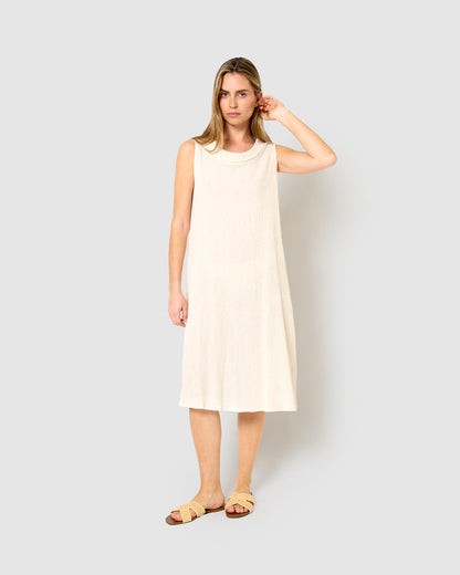 Vestido midi cuello drapeado algodón lino  natural