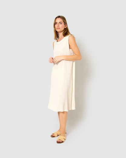 Vestido midi cuello drapeado algodón lino  natural