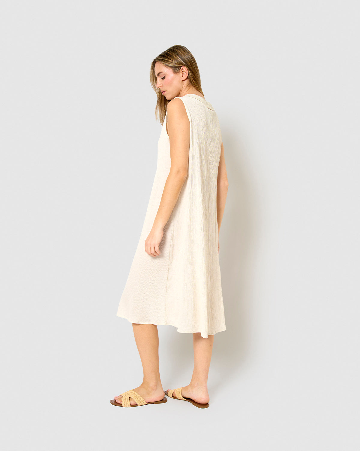 Vestido midi cuello drapeado algodón lino  natural