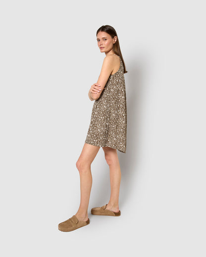 Vestido corto tirantes crepe linosa marrón