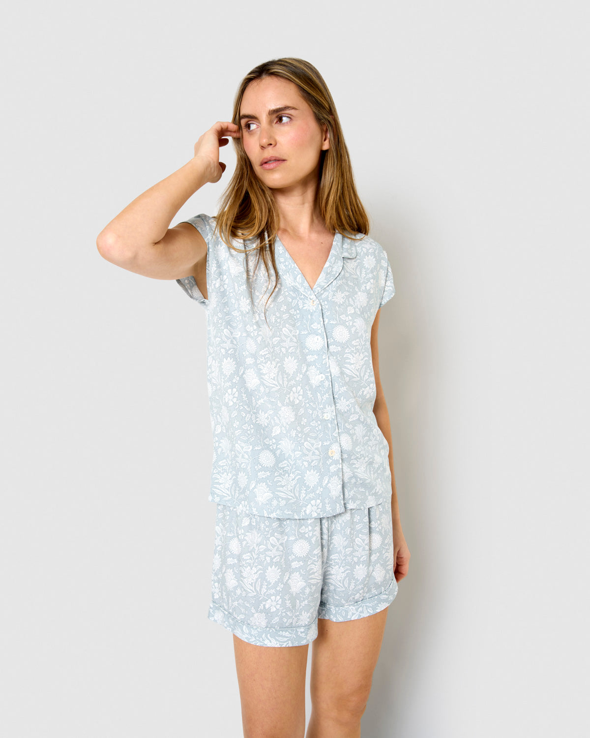 Pijama corto camisero viscosa calima verde azulado