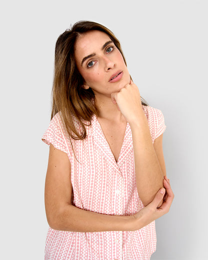 Pijama corto camisero viscosa étnico rosa