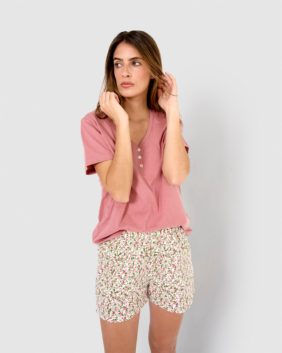 Pijama corto camisero viscosa pia rosa
