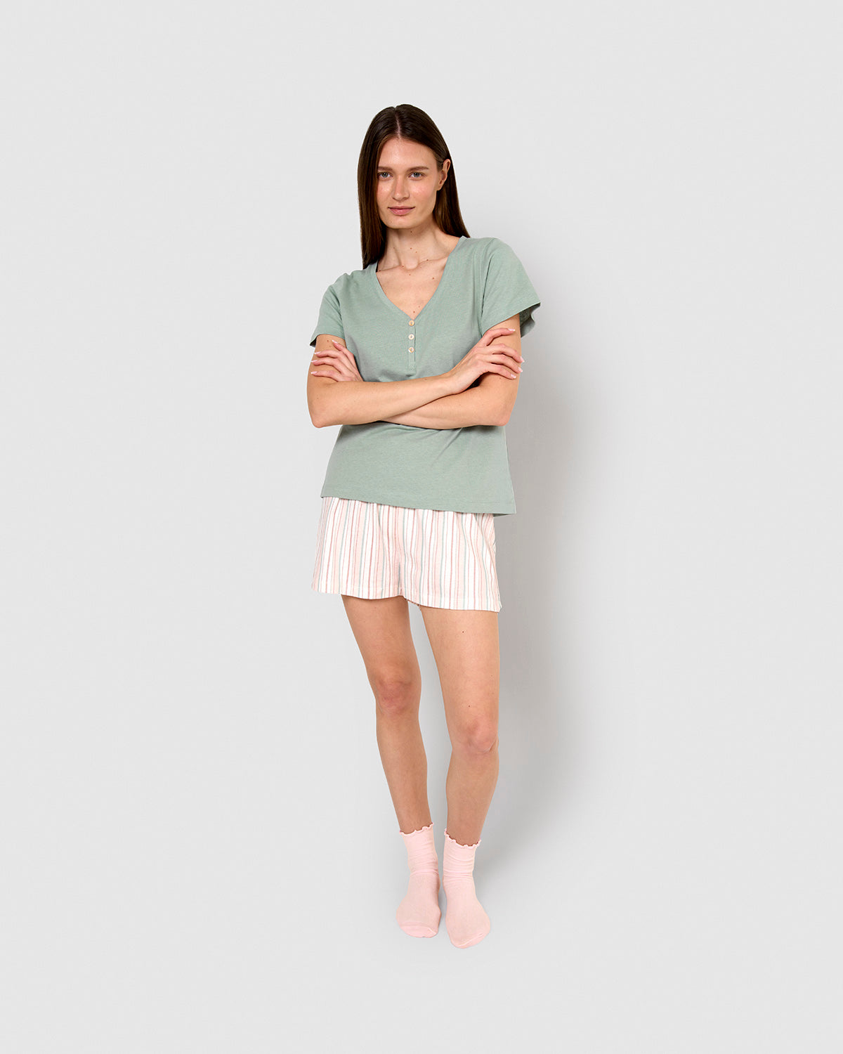 Pijama corto algodón raya serena verde azulado