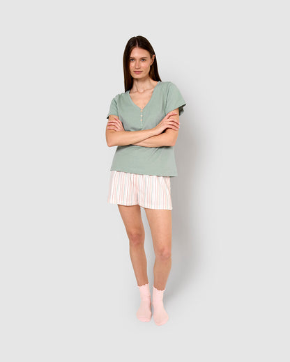Pijama corto algodón raya serena verde azulado