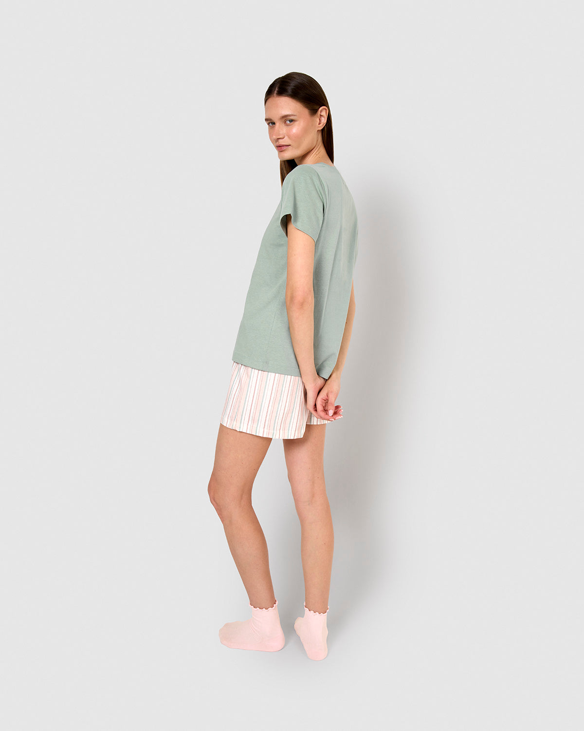 Pijama corto algodón raya serena verde azulado