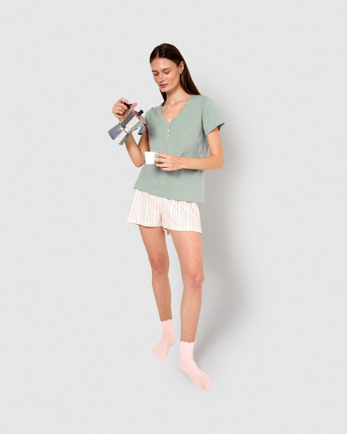 Pijama corto algodón raya serena verde azulado