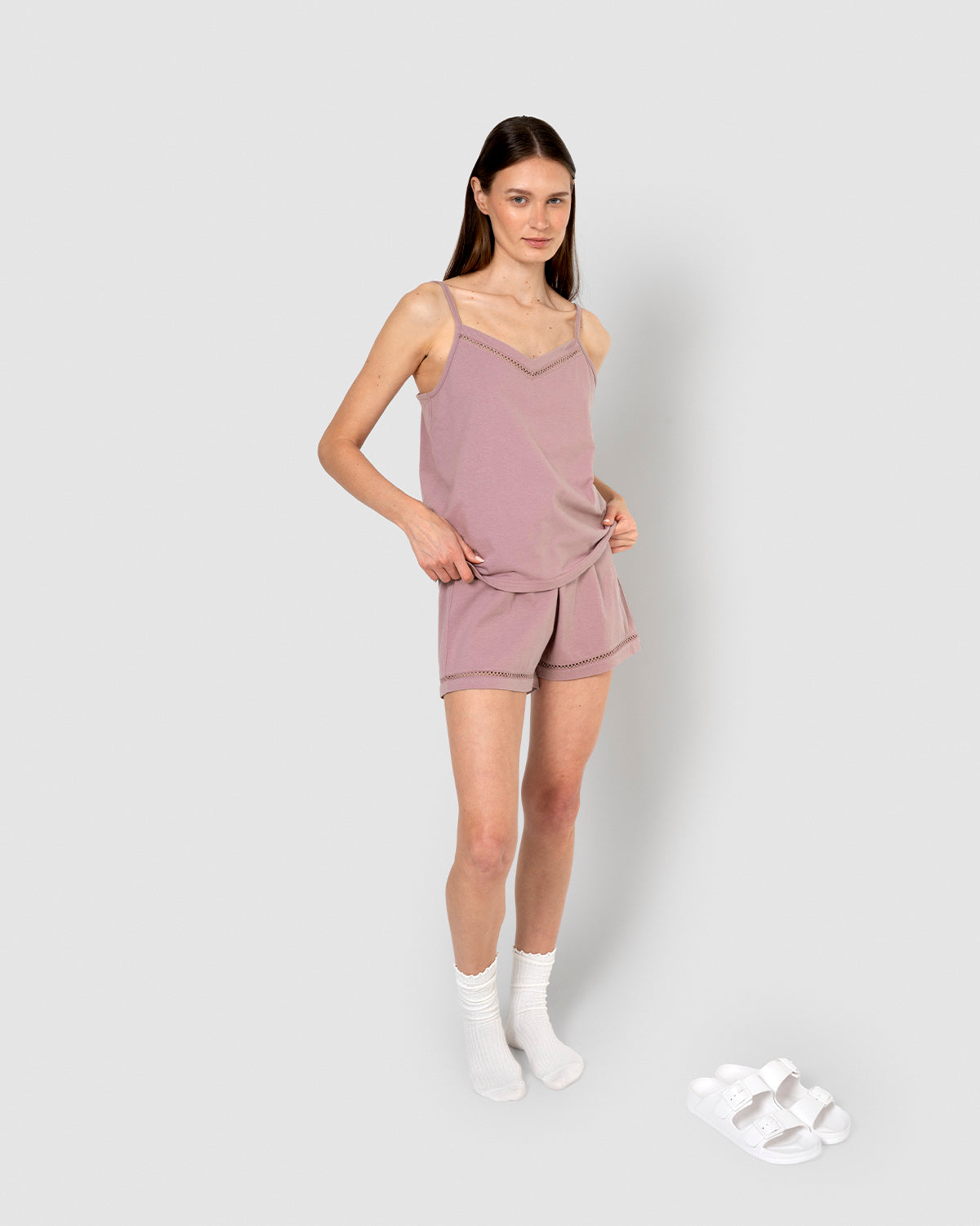 Pijama corto algodón vainica tirante lila