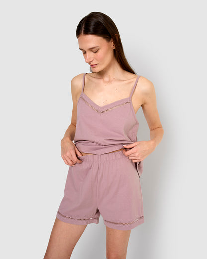 Pijama corto algodón vainica tirante lila