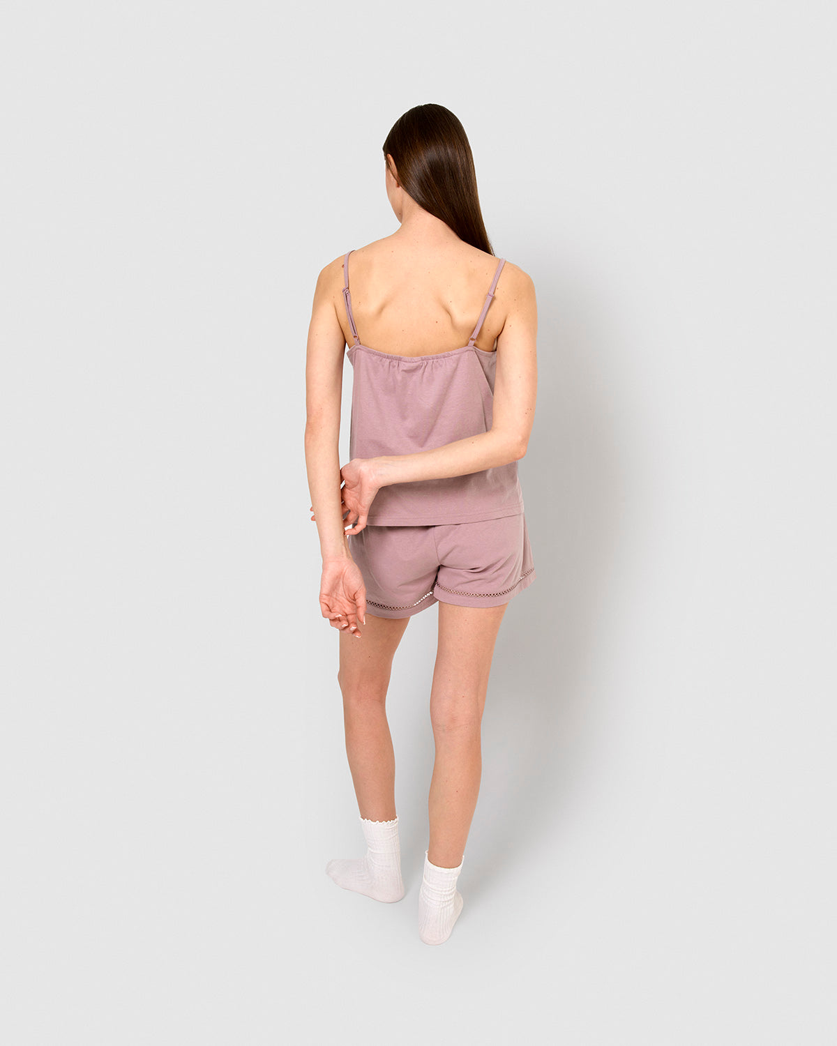 Pijama corto algodón vainica tirante lila