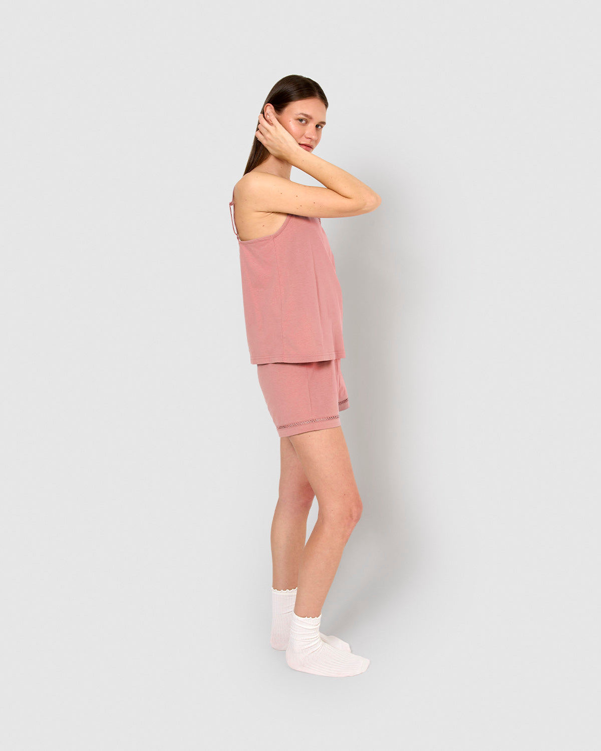 Pijama corto algodón vainica tirante malva