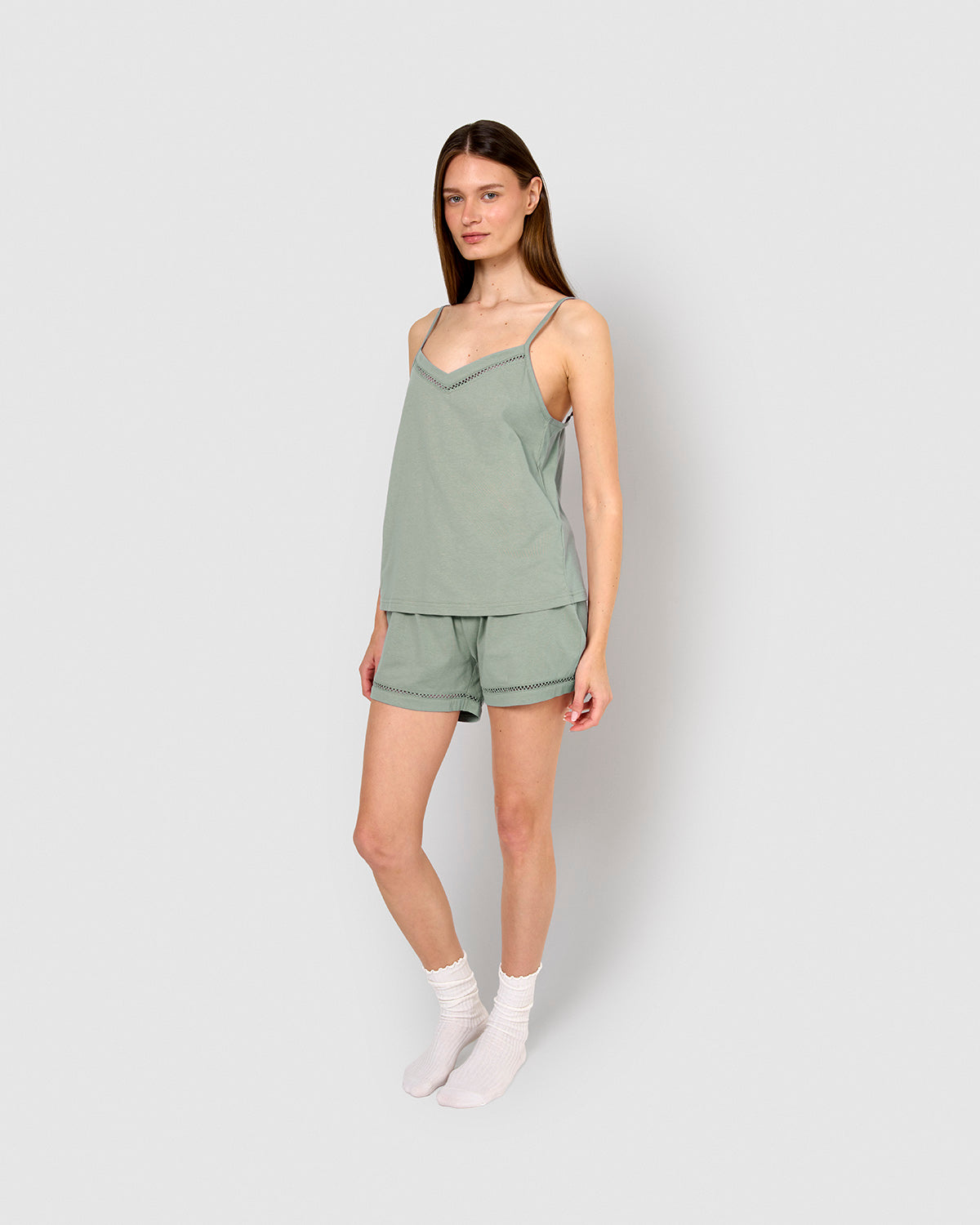 Pijama corto algodón vainica tirante verde azulado