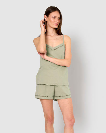 Pijama corto algodón vainica tirante verde cacería