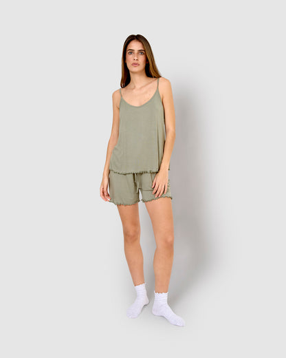 Pijama curto viscose alça fina verde