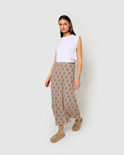 Falda midi bambula detalles plisados hunter marrón