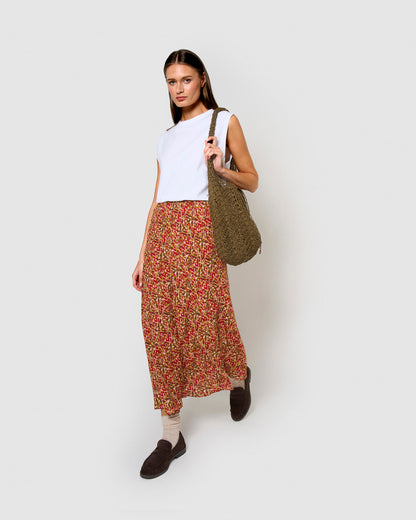 Falda midi bambula detalles plisados railay rojo