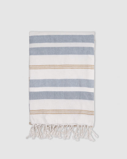 Pack bolso + toalla pareo algodón raya velour azul agua