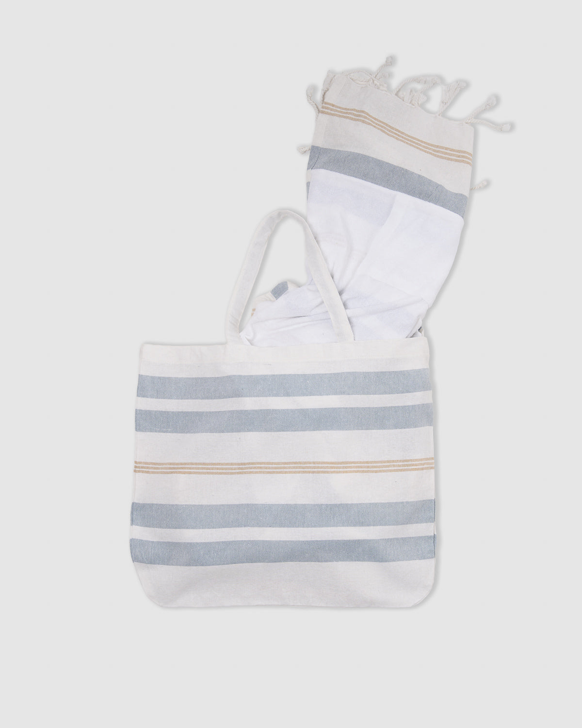Pack bolso + toalla pareo algodón raya velour azul agua