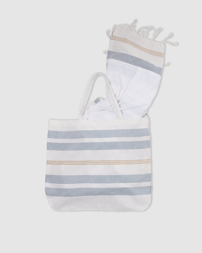 Pack bolso + toalla pareo algodón raya velour azul agua