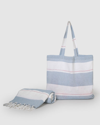 Pack bolso + toalla pareo algodón raya oria índigo