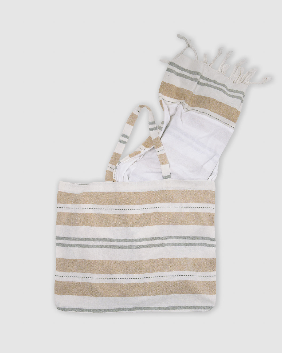 Pack bolso + toalla pareo algodón raya rivara ocre