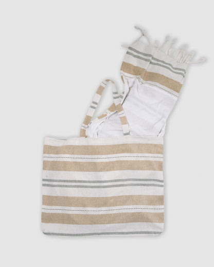 Pack bolso + toalla pareo algodón raya rivara ocre