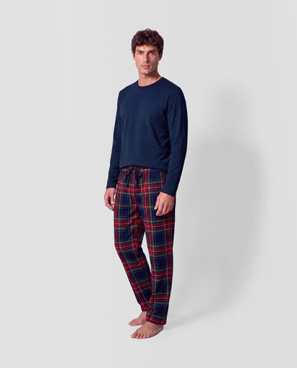 Pyjama long en coton à carreaux jairo bleu Marine