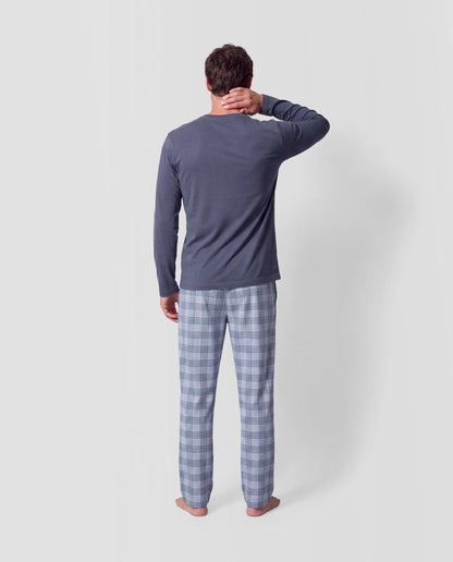 Pijama largo algodón cuadros seren azul marino