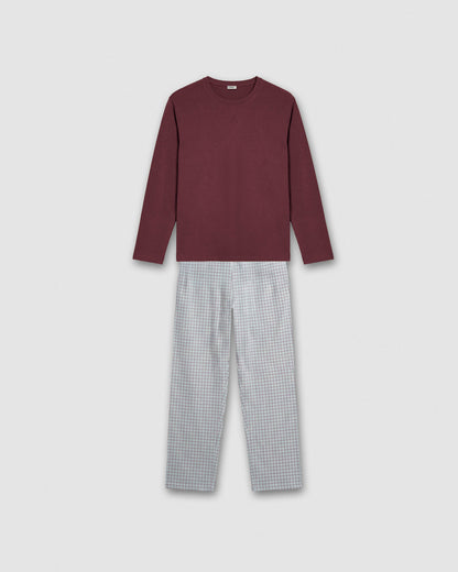 Pijama largo de algodón cuadro fendo burdeos
